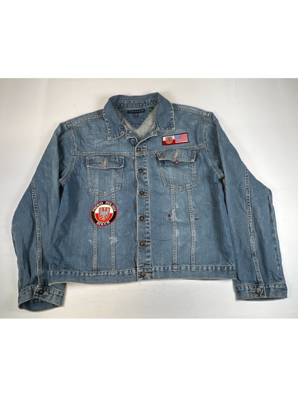 Tommy Hilfiger Men 2XL Blue Denim Jean Jacket Biker Patches Cotton
